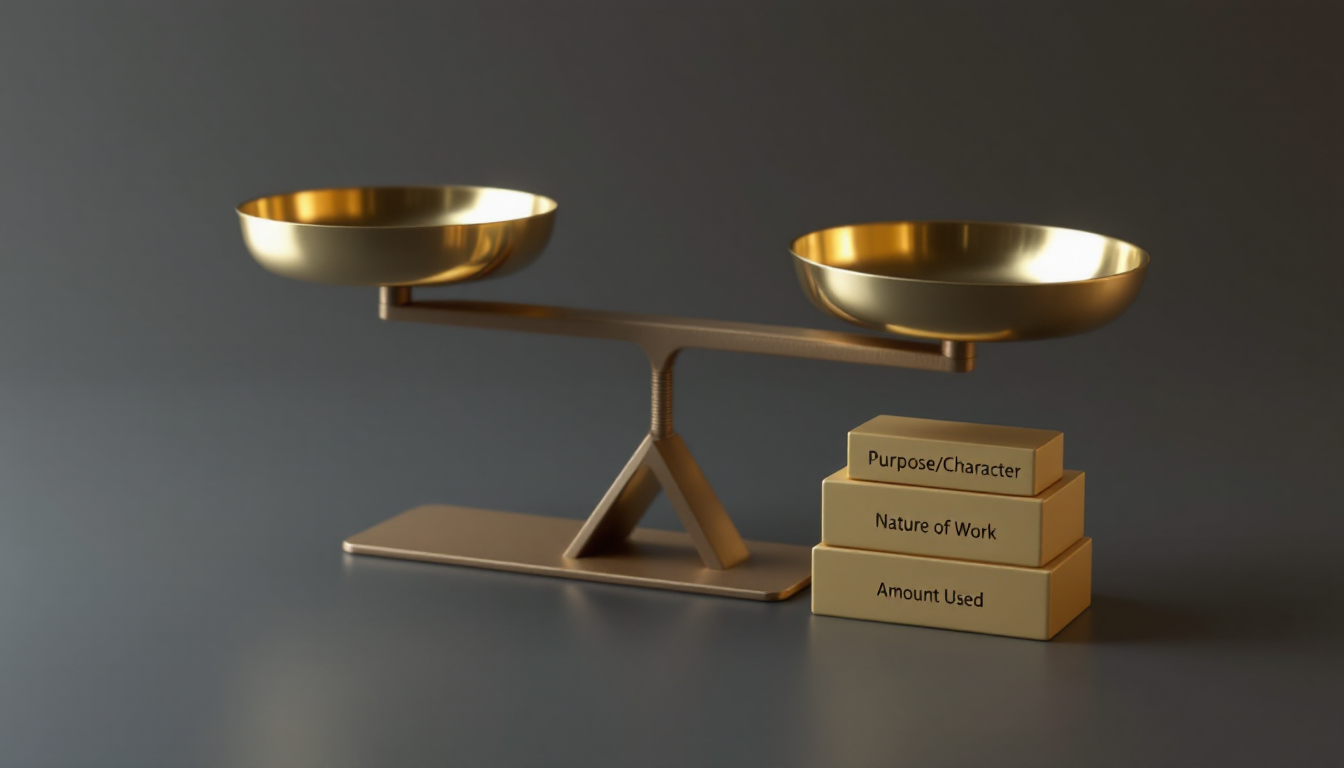 유튜버 영상 저작권에서 공정 이용의 4가지 판단 기준을 나타내는 저울 이미지