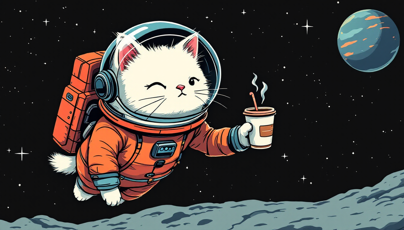 AI 티셔츠 디자인 프롬프트 예시로 생성된, 커피를 들고 우주를 떠다니는 고양이 우주비행사