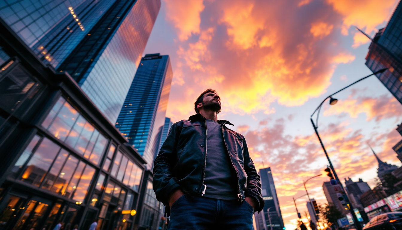 미드저니 캐릭터 일관성을 유지하며 밝은 하늘을 바라보는 캐릭터의 역동적인 낮은 각도 샷