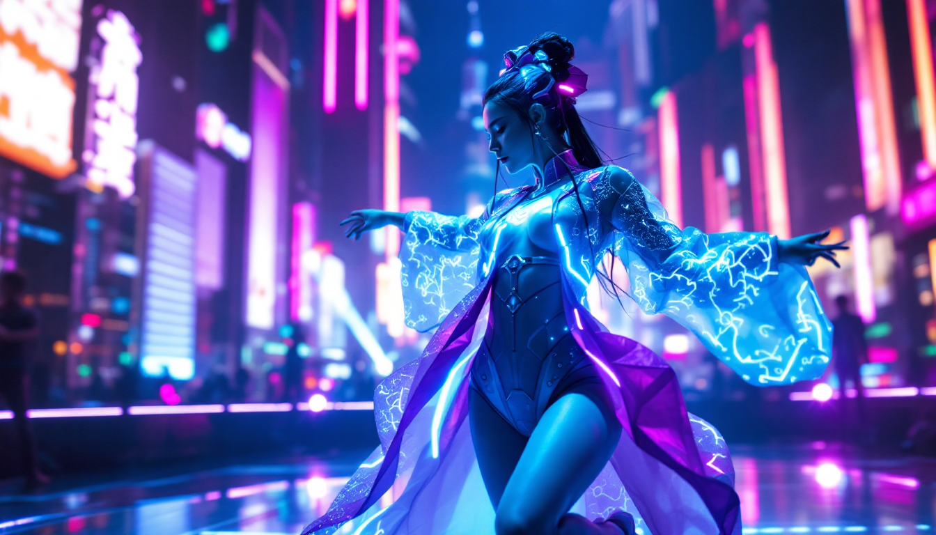 Kling AI 사용법으로 만든 네온 조명 무대에서 춤추는 현대 한복을 입은 미래형 K-POP 아이돌 모습