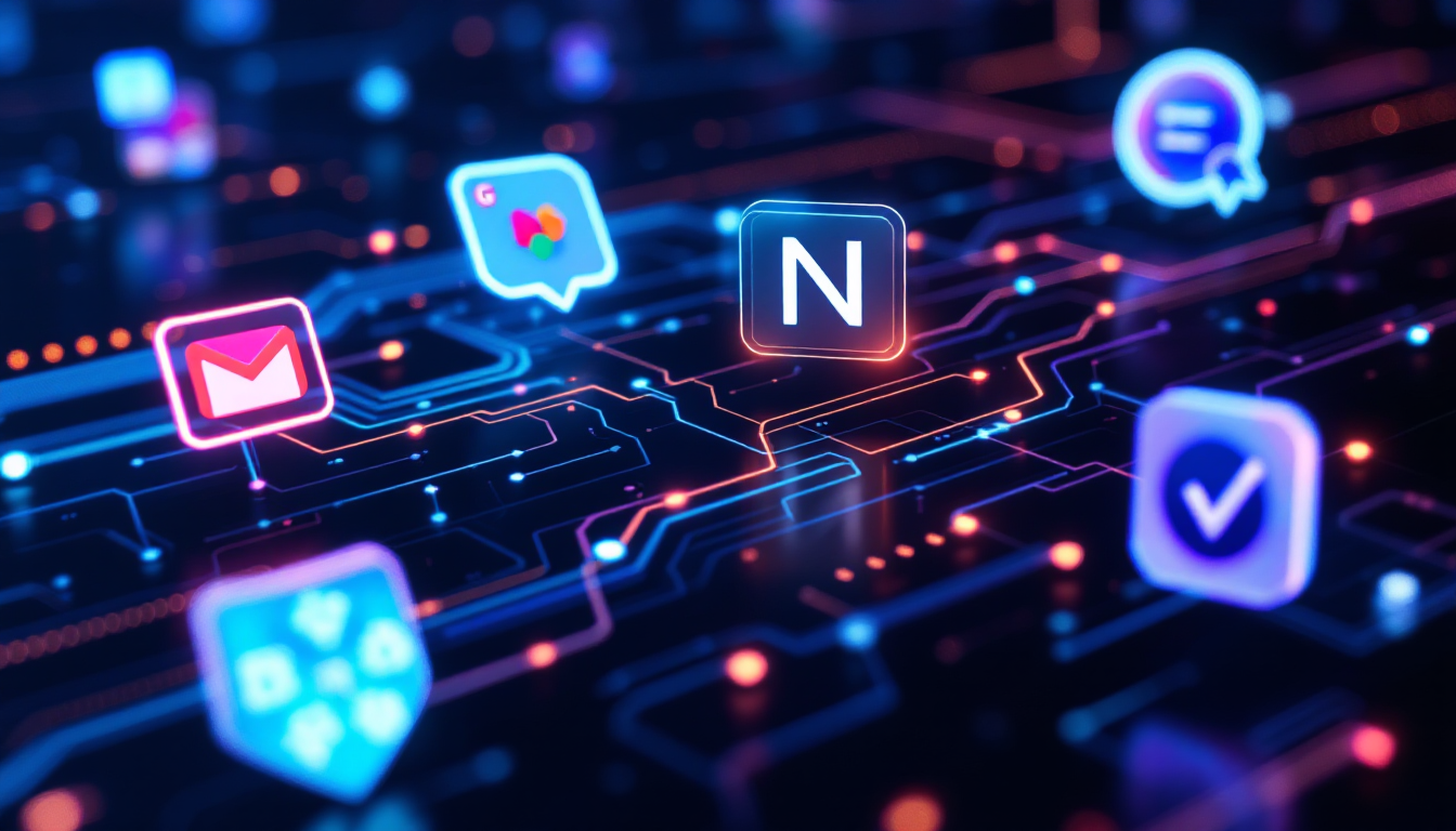 다양한 앱들이 연결된 AI 자동화 워크플로우 다이어그램