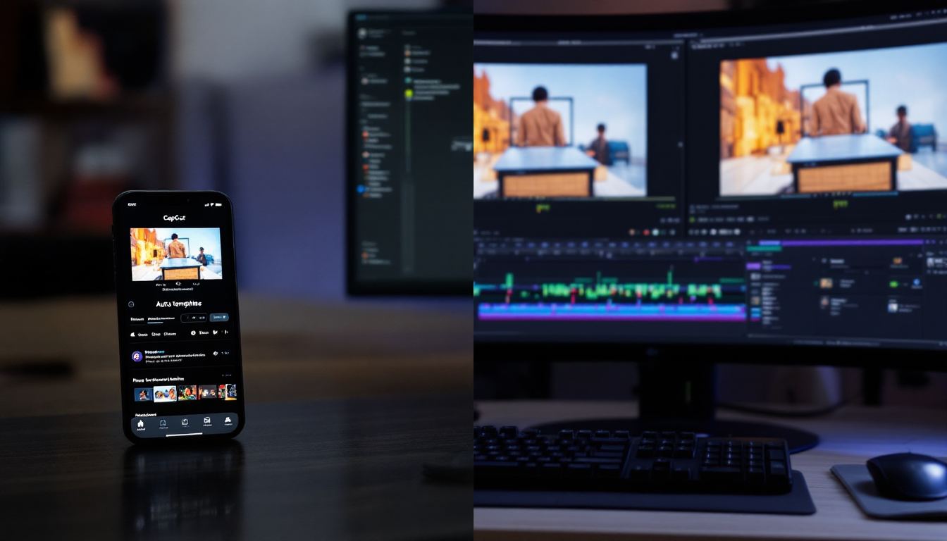 CapCut의 AI 자동화 기능과 Premiere Pro의 수동 정밀 제어 기능을 비교하는 워크플로우 이미지