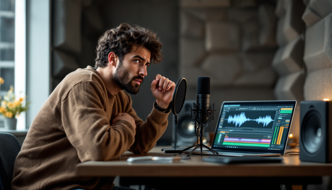 콘텐츠 크리에이터 AI 음성 장비 앞에서 녹음을 망설이는 모습