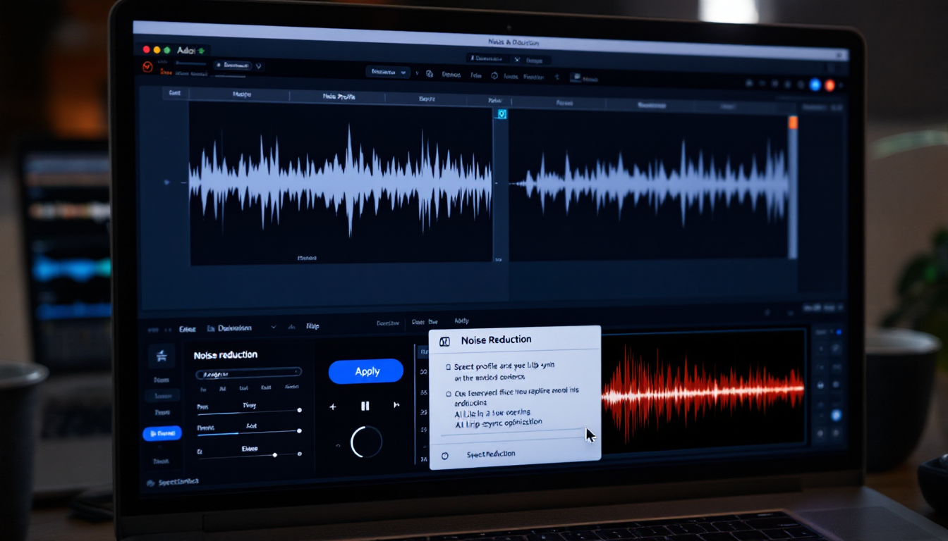 Audacity 오디오 편집 프로그램에서 노이즈 감소 기능을 적용하는 화면