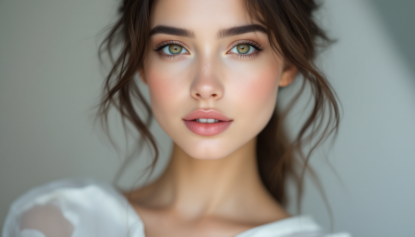 Sandcastle AI 프롬프트 최적화 예시, 긴 금발과 녹색 눈을 가진 여성의 초고화질 인물 사진