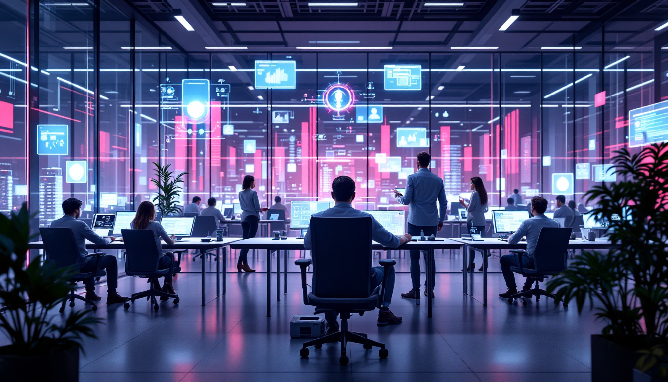 2026년 다양한 AI 도구가 일상 업무에 통합되어 생산성과 창의력을 높이는 모습을 표현한 미래지향적 이미지