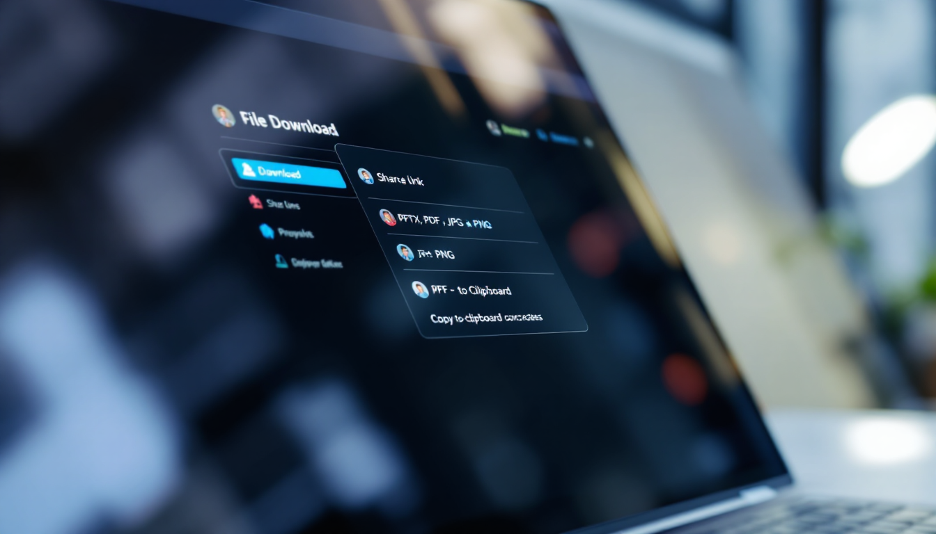 미리캔버스 AI PPT 공유: PPT를 다양한 파일 형식으로 저장하고 협업 링크를 공유하는 화면 인터페이스