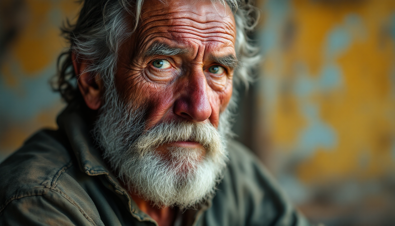 Sandcastle AI 프롬프트로 생성한 깊은 주름과 흰 수염을 가진 노인의 극사실적인 인물 사진