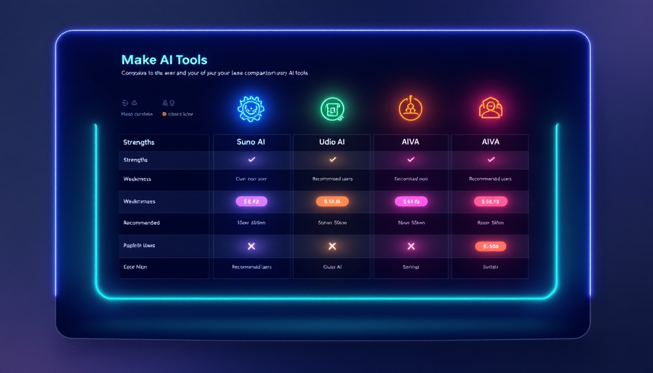 Suno AI, Udio AI, AIVA 음악 AI 도구의 강점과 단점을 비교하는 인포그래픽