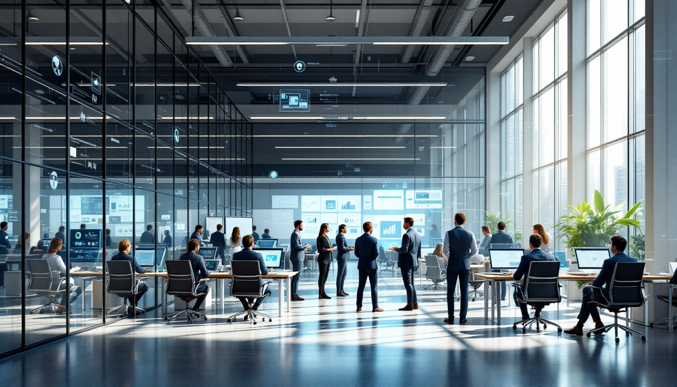 업무별 AI 도구 활용법으로 사람과 인공지능이 협력하는 현대적인 사무실 풍경