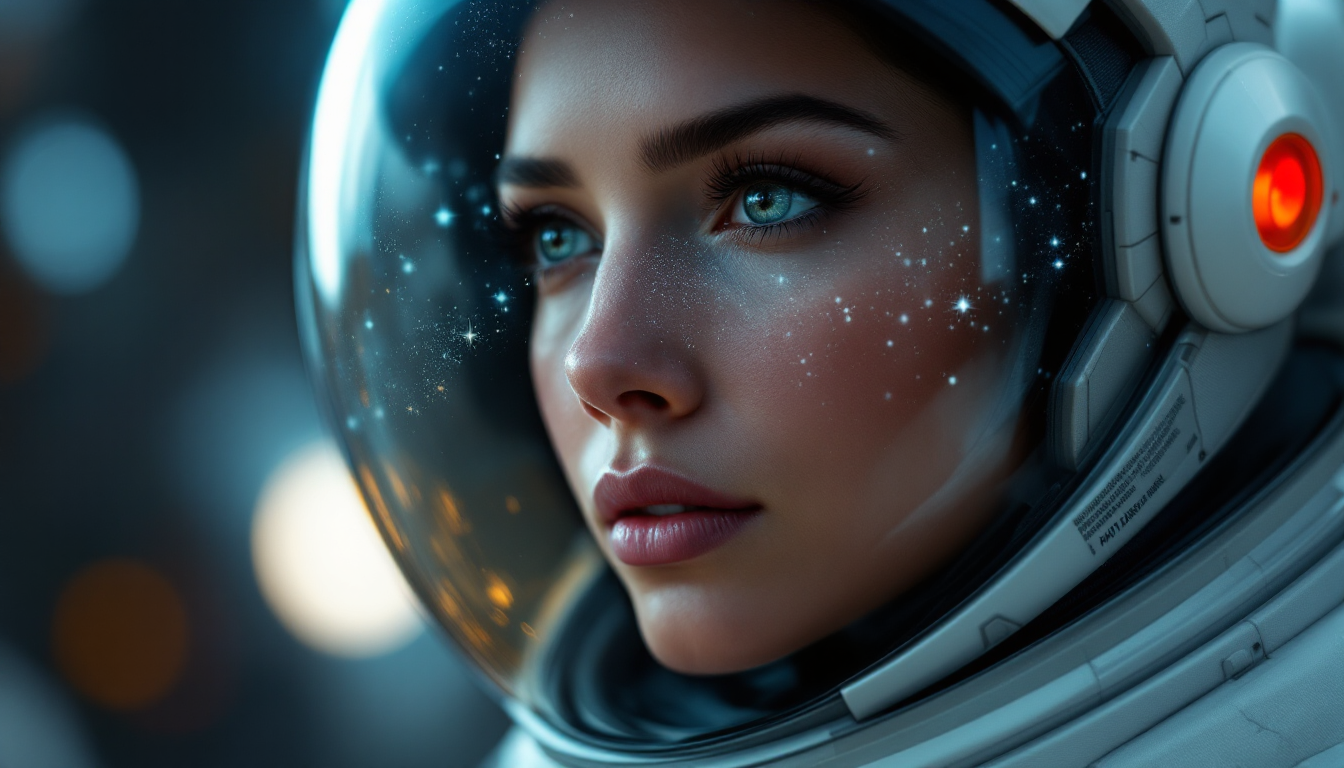 현대적인 반사 헬멧을 쓴 여성 우주비행사의 클로즈업 초상화