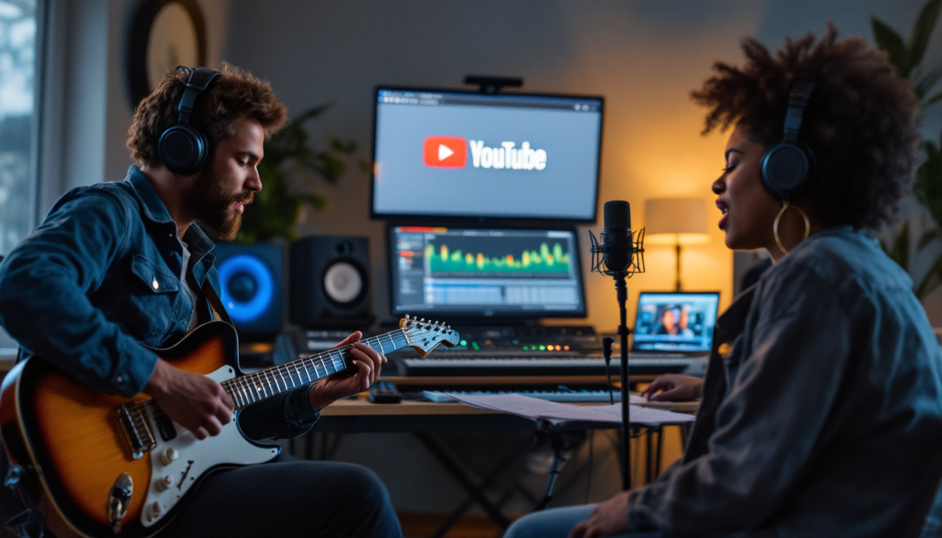 뮤지션들이 집과 스튜디오에서 음악 작업을 하며 유튜브로 수익을 창출하는 모습을 표현한 이미지