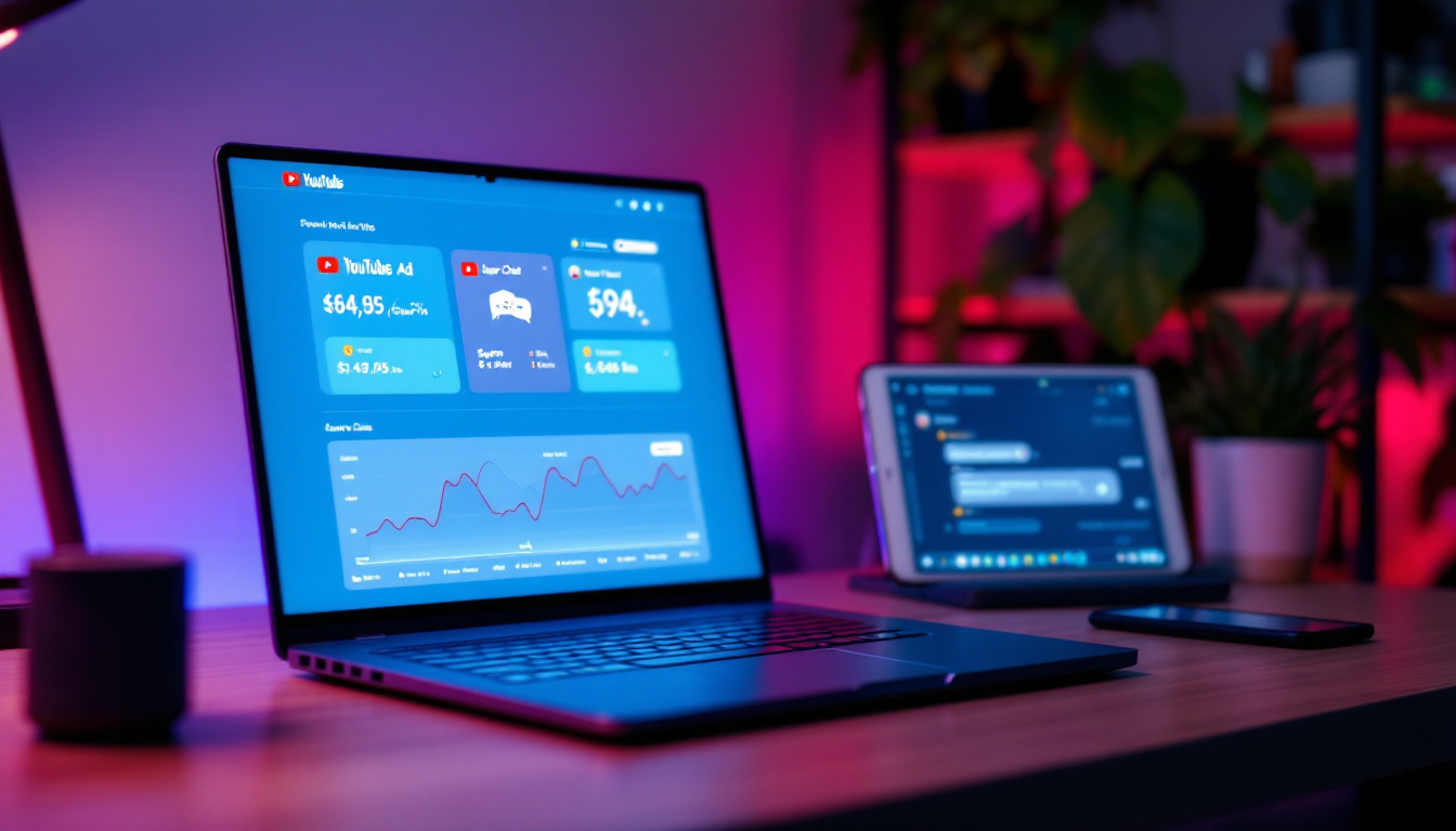 유튜브 음악 채널의 광고 수익, 팬 후원, 굿즈 판매, 디지털 상품 판매, 제휴 마케팅 등 다양한 수익원을 표현한 이미지