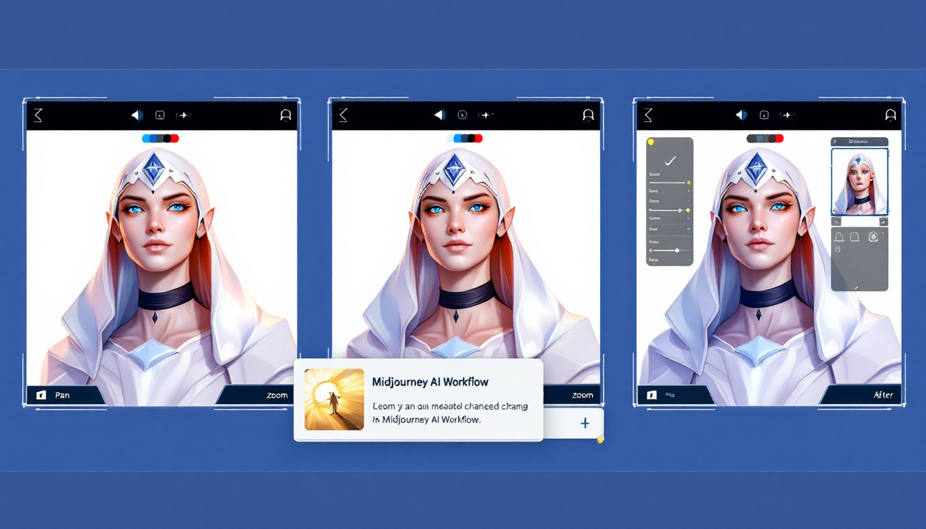 미드저니 AI의 반복 개선 워크플로우를 보여주는 판타지 캐릭터의 점진적 이미지 개선 과정