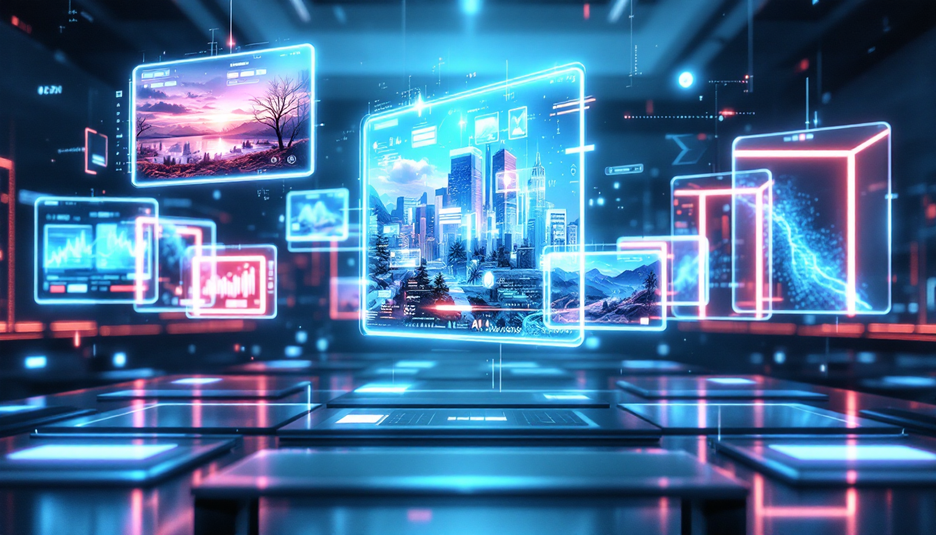 2026년 다양한 AI 이미지 생성 플랫폼들이 미래지향적 디지털 환경에서 빛나는 홀로그램 화면으로 표현된 이미지
