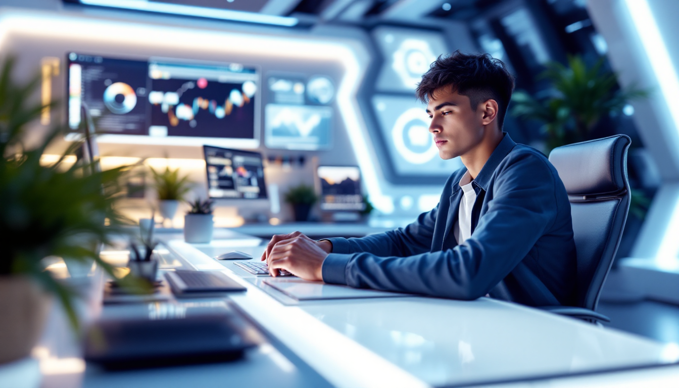 AI 게임 제작 방법을 구상하는 사람과 주변에 떠 있는 프로그래밍 홀로그램