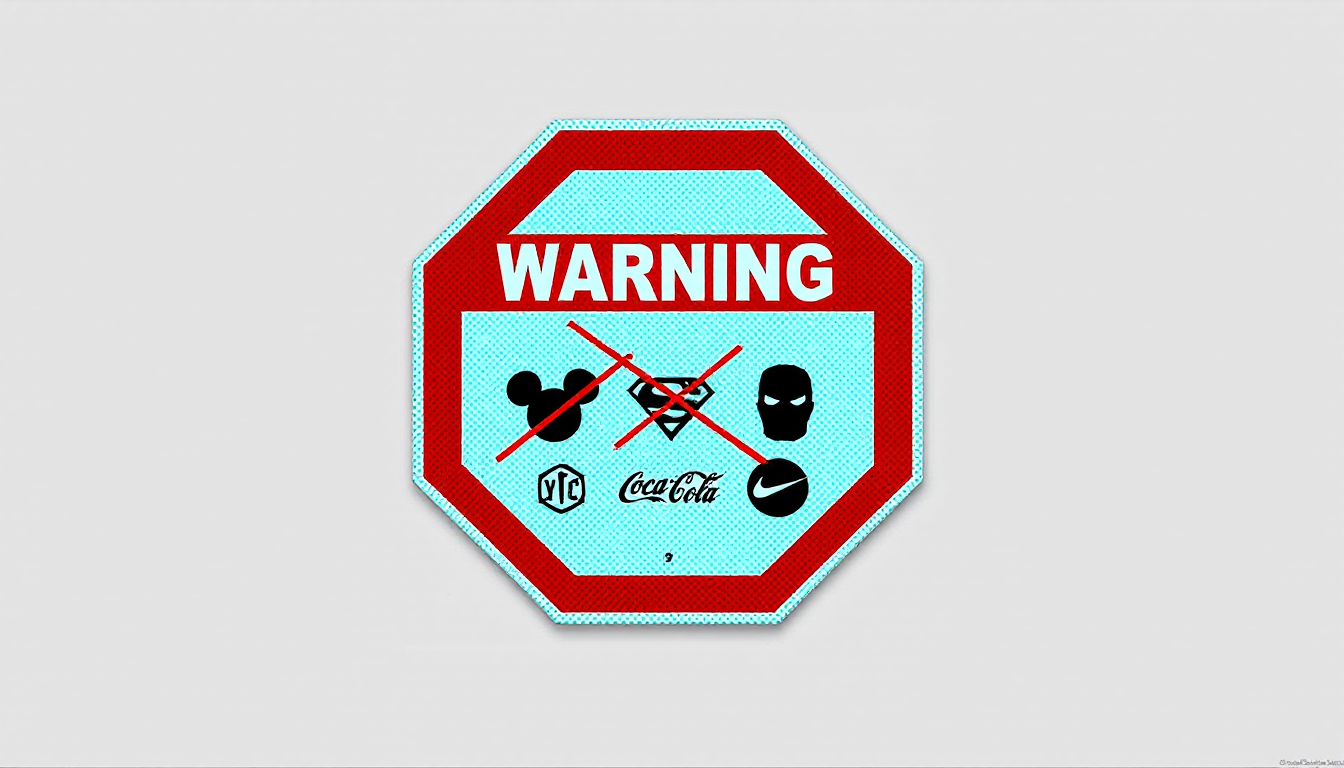 AI 영상 저작권 침해 위험이 있는 유명 캐릭터와 브랜드 로고에 금지 표시가 된 이미지