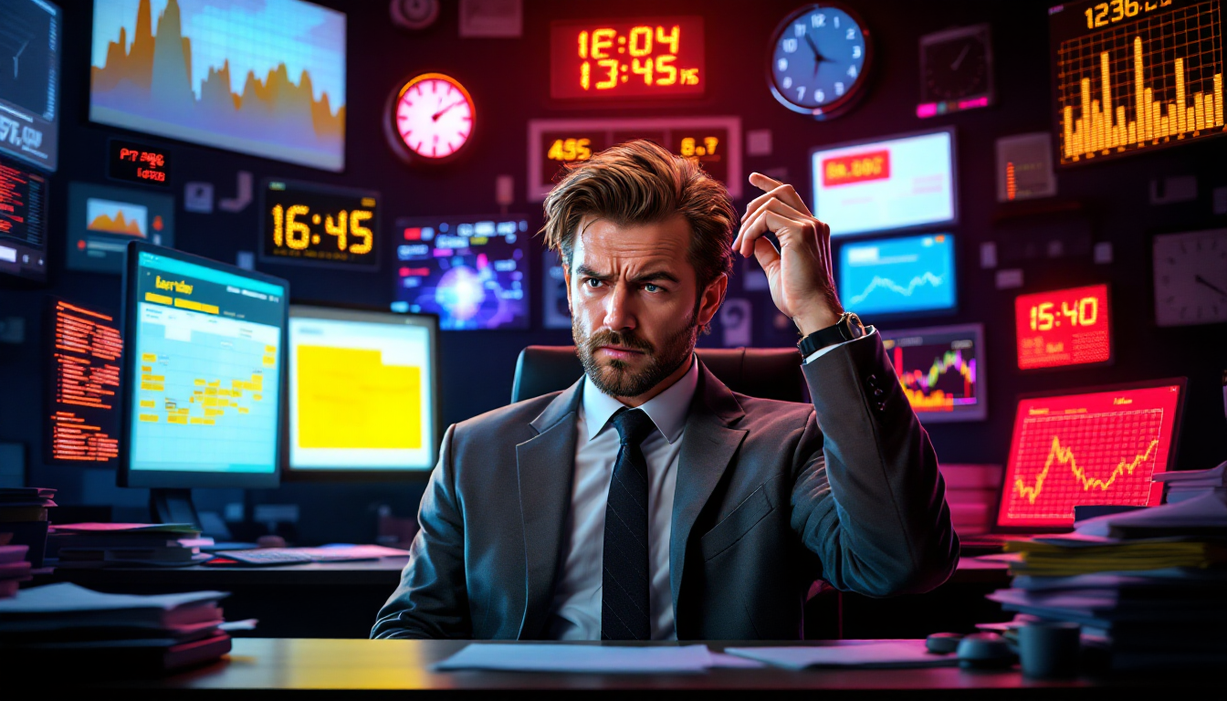 AI 일정 관리 도구 없이 수동으로 일정을 관리하며 시간 낭비에 지친 직장인의 모습