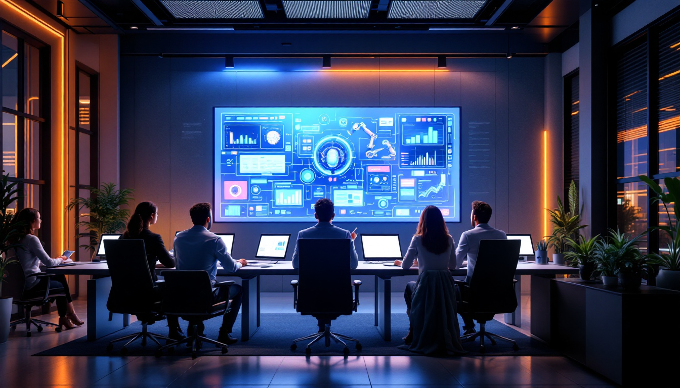 2026년 현대 비즈니스 환경에서 Agentic AI와 RPA의 개념을 설명하는 디지털 화면과 전문가들 모습