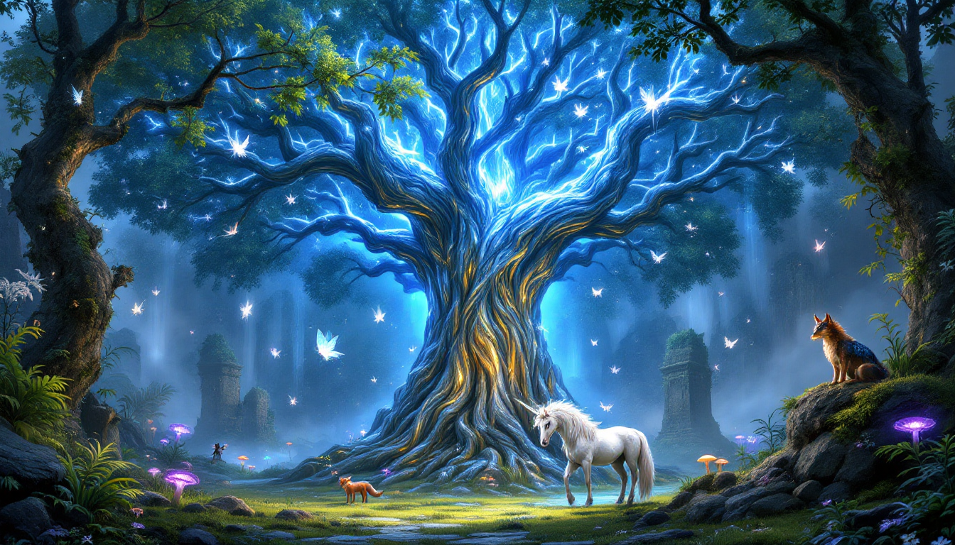 Sandcastle AI 프롬프트로 생성한 거대한 빛나는 나무가 있는 환상적인 숲 그림