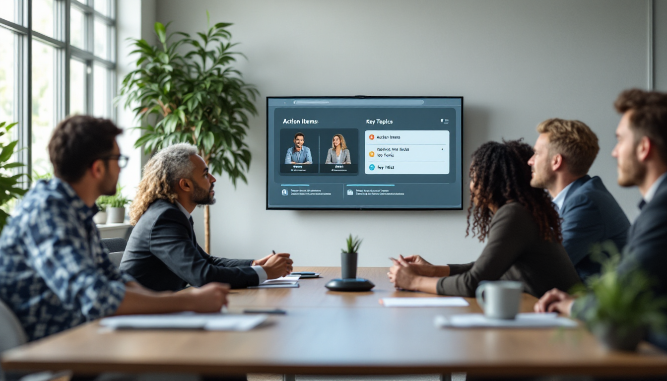 AI 회의록 요약 툴이 회의를 기록하고 주요 내용을 공유하는 장면