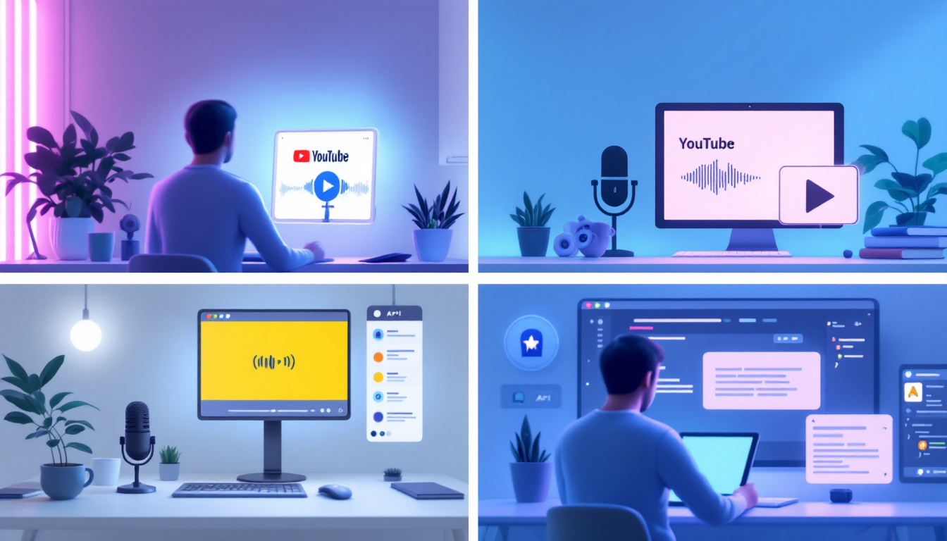 ElevenLabs 활용 사례로 유튜브 채널, 팟캐스트, 교육, 개발자 API 연동을 시각적으로 표현한 이미지