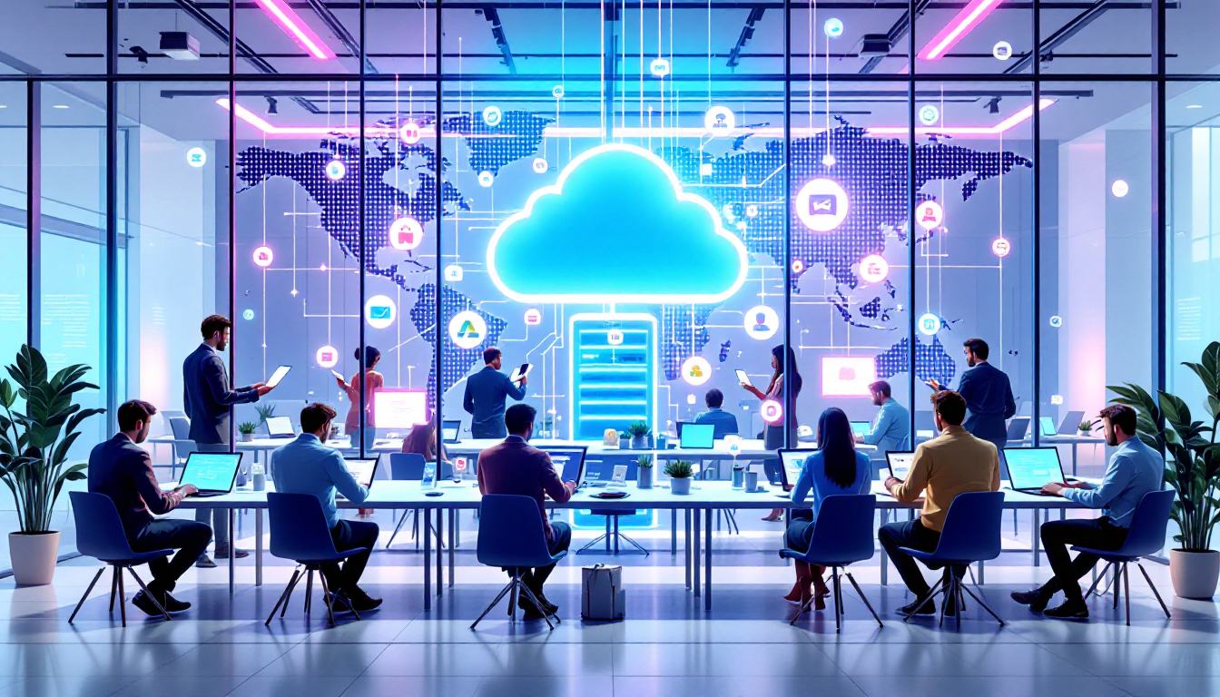 Zapier의 클라우드 기반 SaaS 모델과 다양한 앱이 연결된 글로벌 클라우드 환경을 보여주는 현대적인 사무실 장면