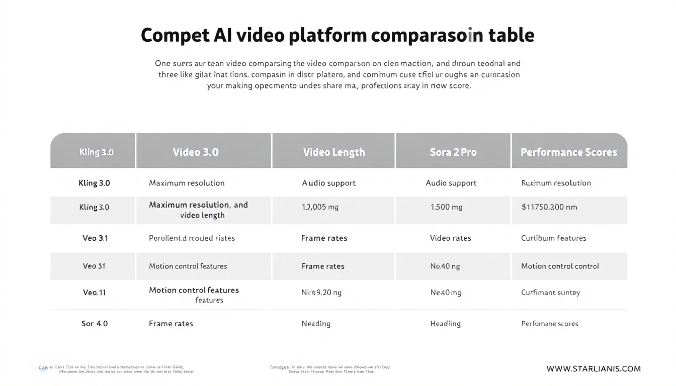 Kling 3.0, Veo 3.1, Sora 2 Pro의 기술 사양과 성능 지표를 비교한 인포그래픽 표