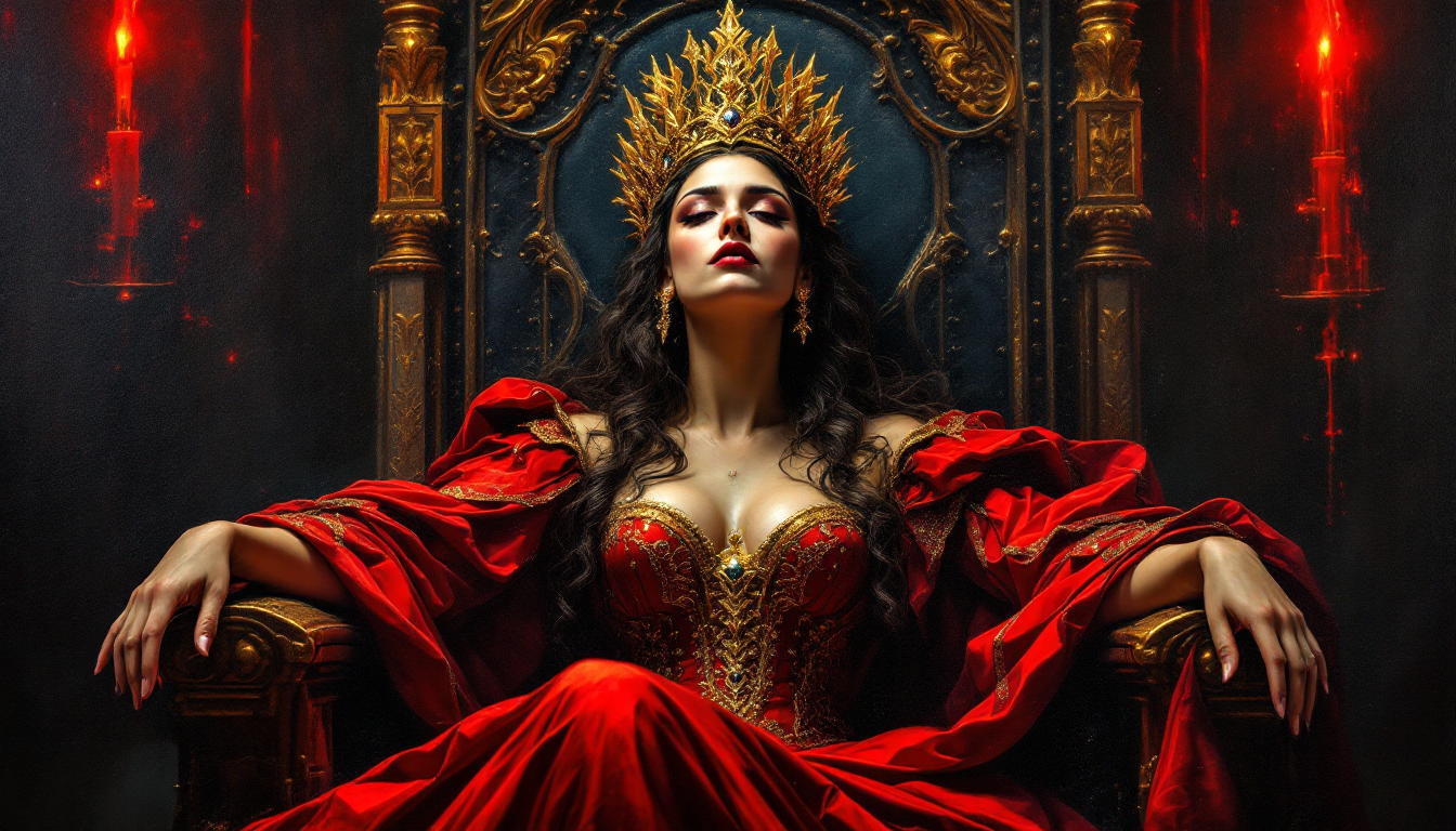 Sandcastle AI 프롬프트로 생성한 두꺼운 붓터치와 강렬한 명암 대비가 있는 여왕의 유화 초상화