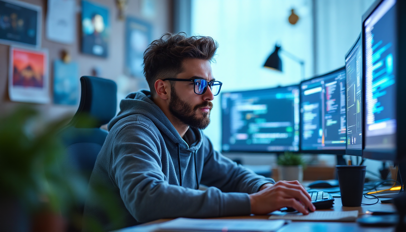 유니티 AI 게임 개발자로 첫걸음을 내딛는 개발자의 의지와 꿈을 상징하는 이미지