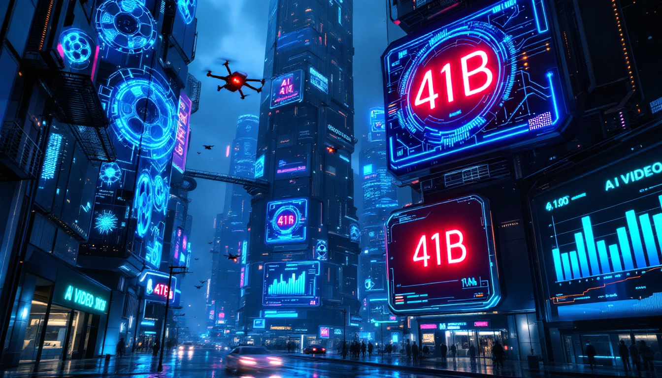 AI 영상 콘텐츠 산업의 410억 달러 규모 시장 성장을 나타내는 미래 도시