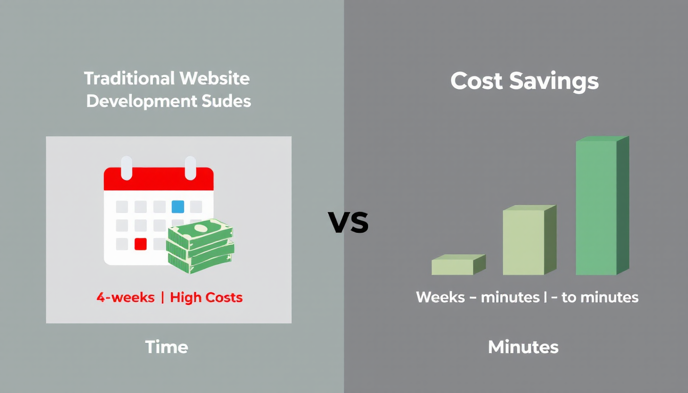 전통적 웹사이트 개발과 AI 노코드 빌더 사용 시 비용과 시간 절감 비교 인포그래픽