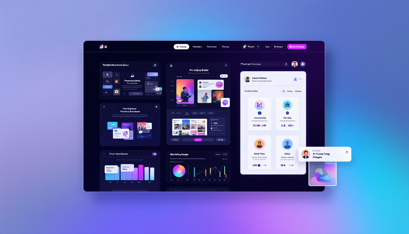 미리캔버스 AI PPT 커스터마이징: 템플릿, 사진, 차트 및 AI 글쓰기와 이미지 생성 도구가 구성된 작업 공간
