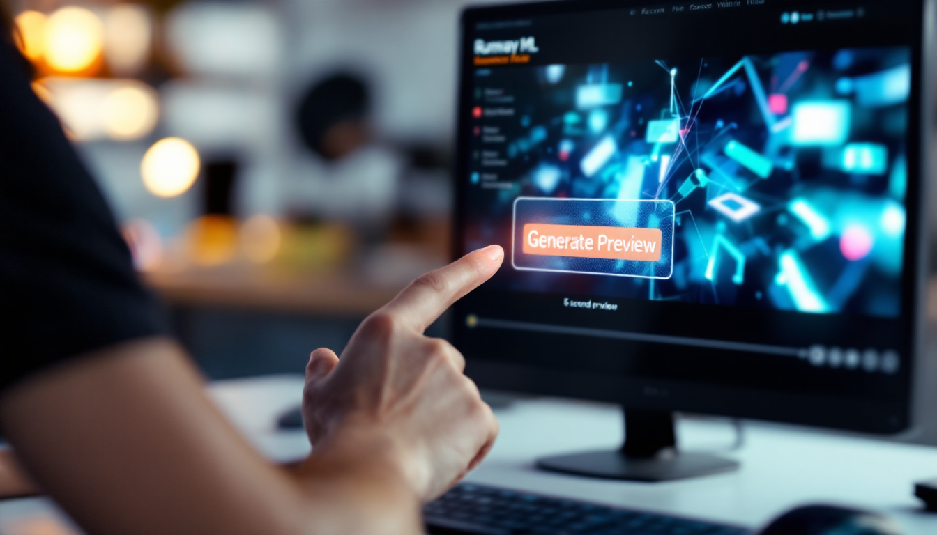 Runway ML 영상 생성 버튼 클릭과 5초 미리보기 영상 재생 화면