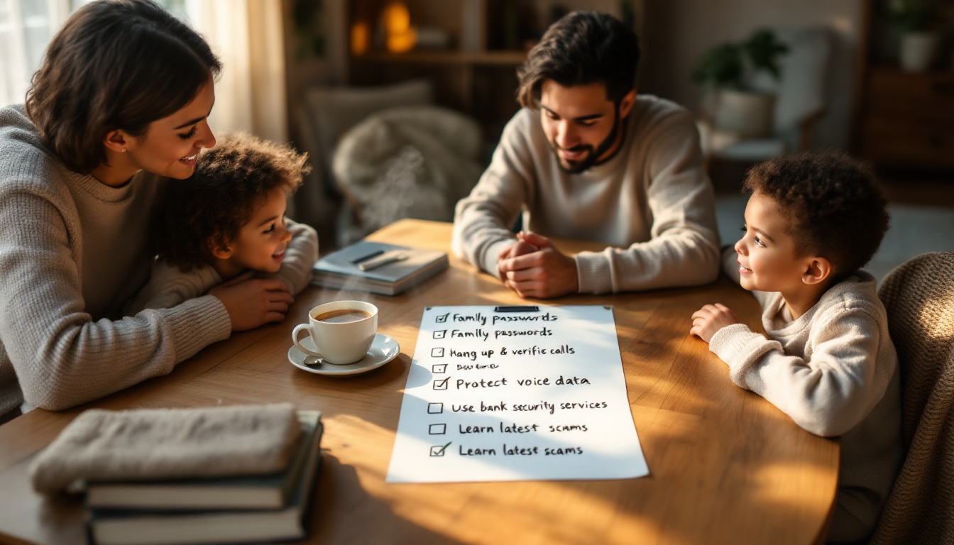 가족이 함께 보이스클로닝 사기 예방 수칙을 점검하며 안전을 다짐하는 모습