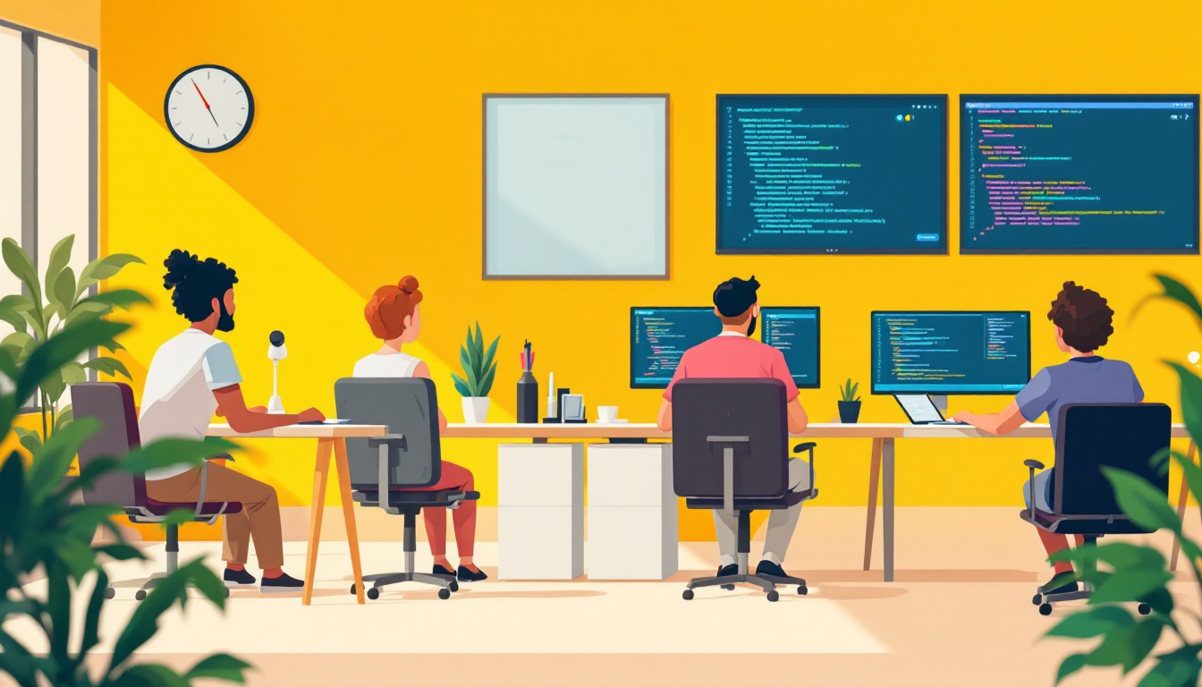 ChatGPT 같은 AI 어시스턴트가 코딩 디버깅을 돕는 게임 개발 팀의 모습