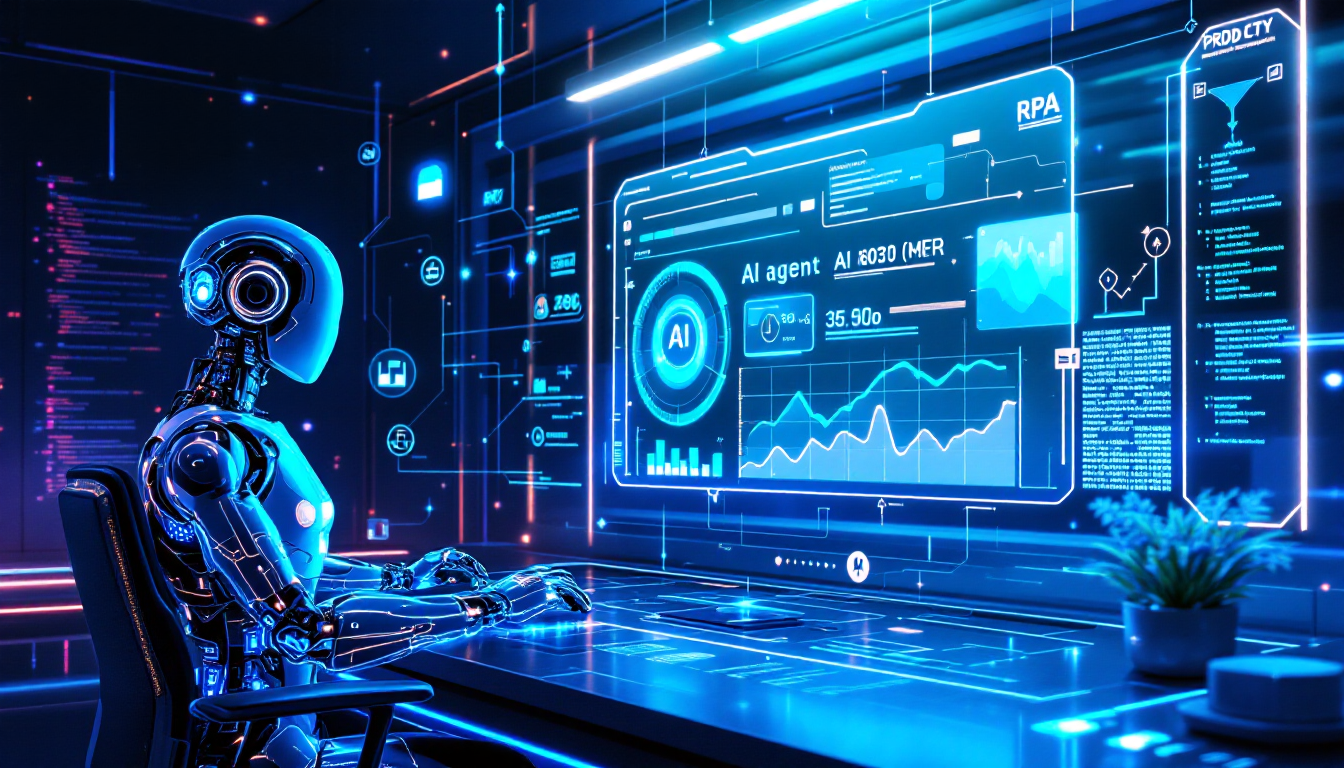 AI 에이전트와 RPA가 협력하여 복잡한 데이터를 분석하고 반복 업무를 분담하는 지능형 자동화 워크플로우