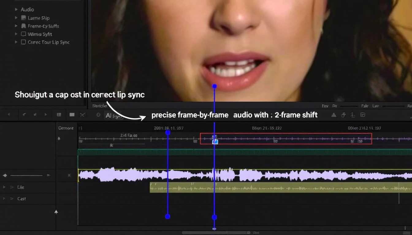 Adobe Premiere Pro 타임라인에서 오디오 클립을 프레임 단위로 미세 조정하는 작업 모습