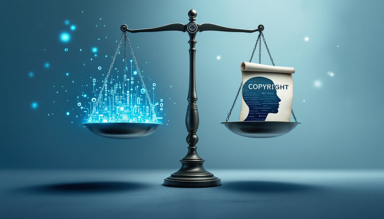 AI 영상 제작의 저작권과 데이터 편향성 등 윤리적 문제를 상징하는 저울 이미지