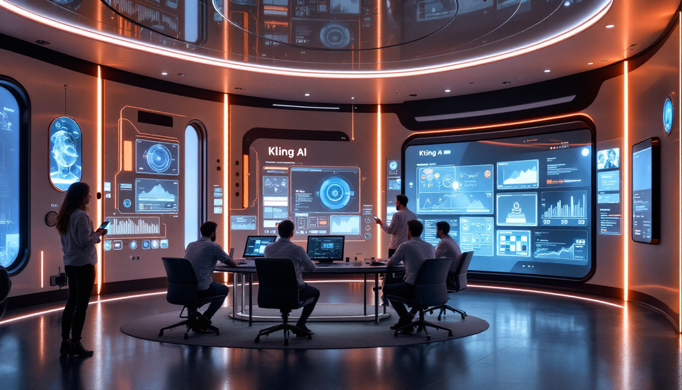 미래 지향적인 AI 영상 제작 스튜디오 내부 모습, Kling AI, Veo 3, Sora 플랫폼의 인터페이스와 특징이 디지털 스크린에 시각화된 장면