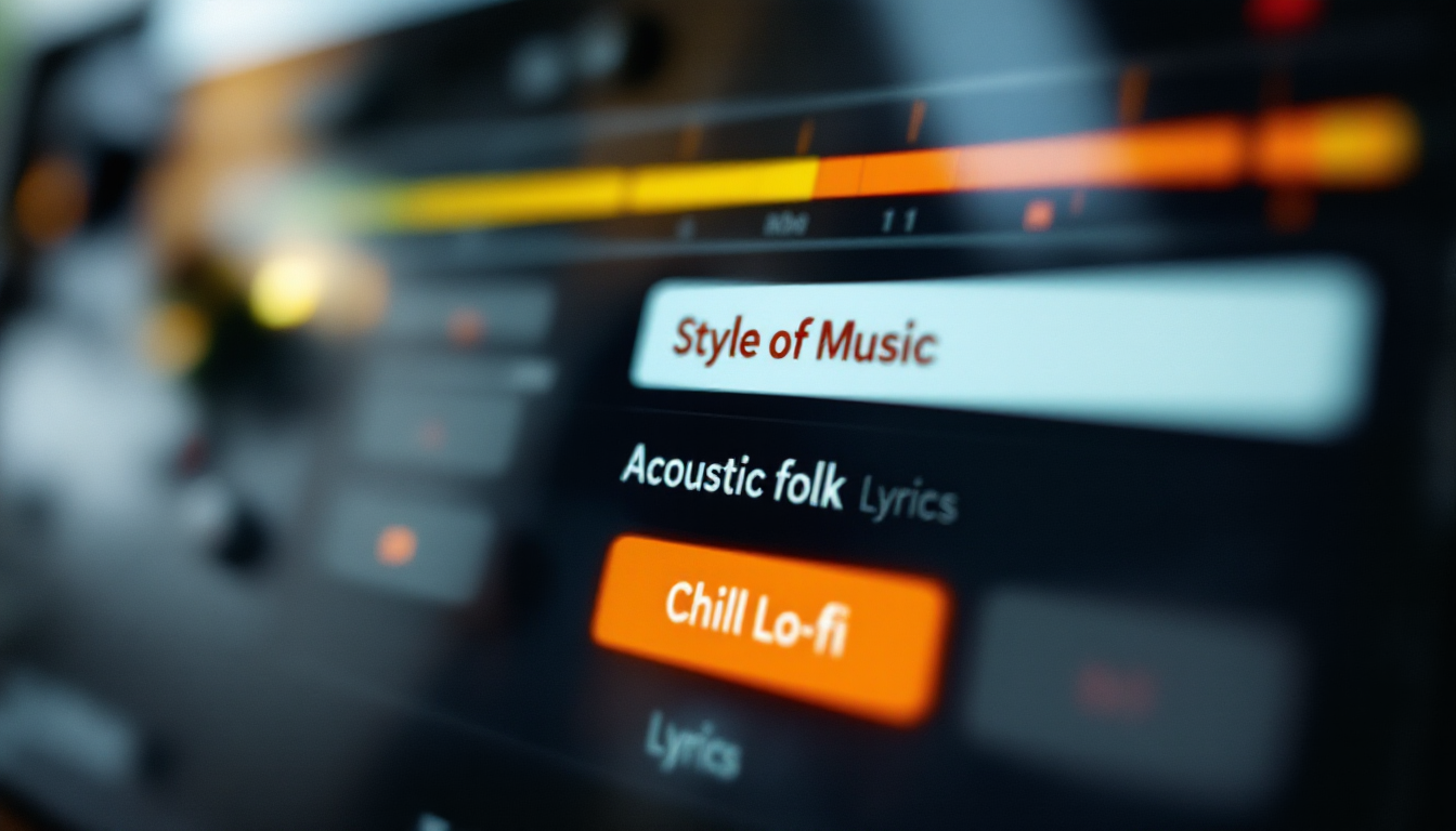 Suno AI Custom Mode의 음악 스타일(Style of Music)과 가사(Lyrics) 입력창이 보이는 화면