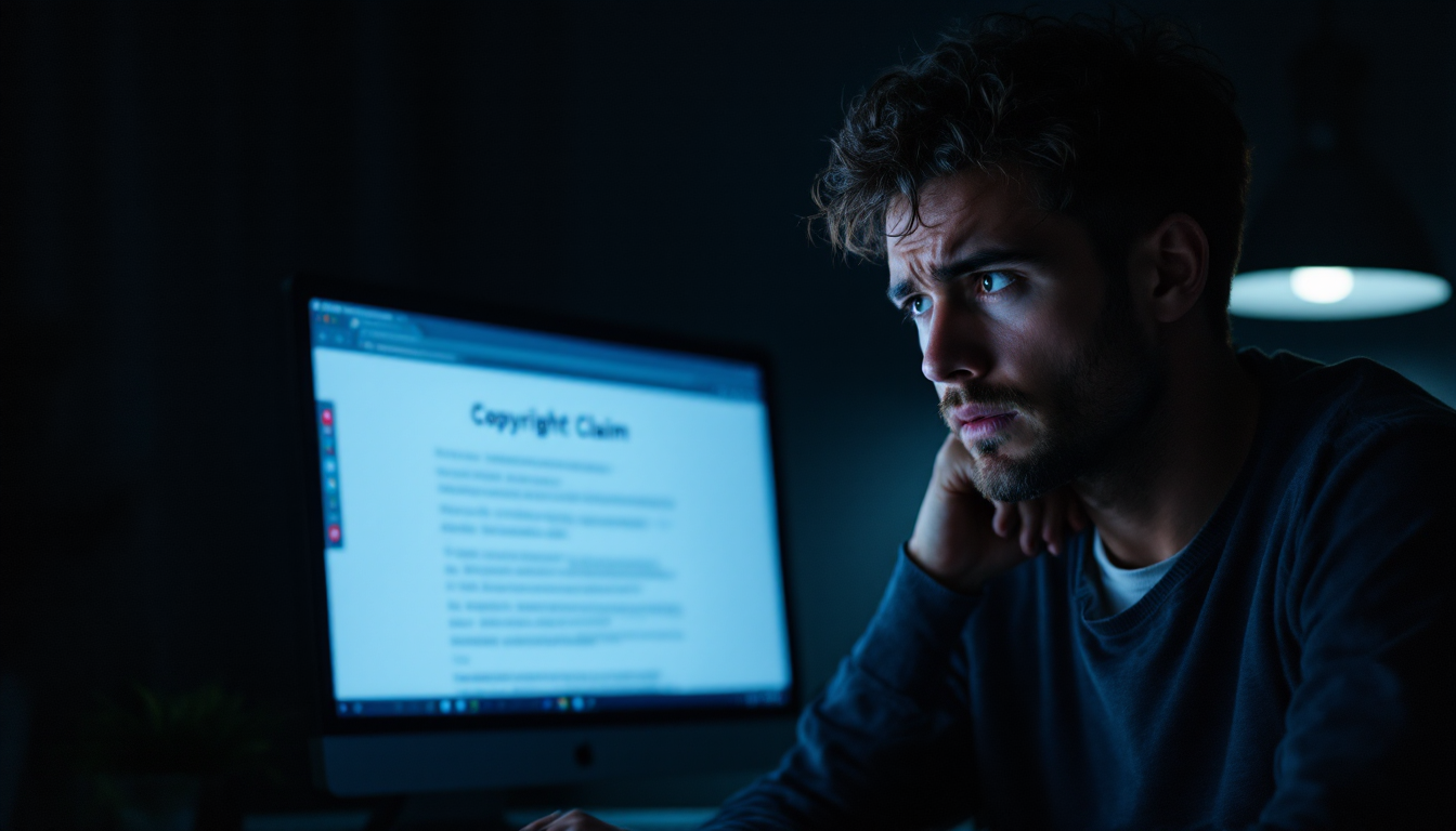 유튜버 영상 저작권 경고 알림을 확인하며 걱정하는 모습