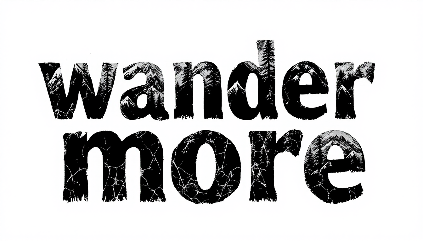 AI 티셔츠 디자인 타이포그래피 예시로 생성된, 산과 숲 실루엣이 담긴 WANDER MORE 문구