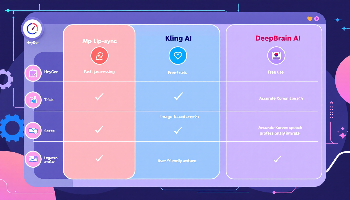 세 가지 AI 립싱크 도구의 특징과 장점을 비교하는 시각적 차트