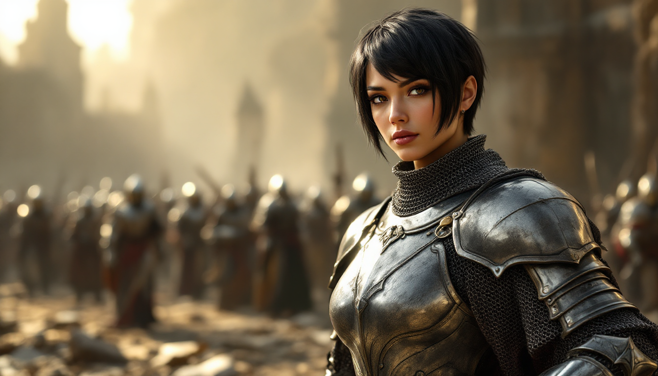 미드저니 --cw 0 옵션을 사용하여 중세 기사 갑옷을 입고 짧은 검은 머리를 한 여성 캐릭터