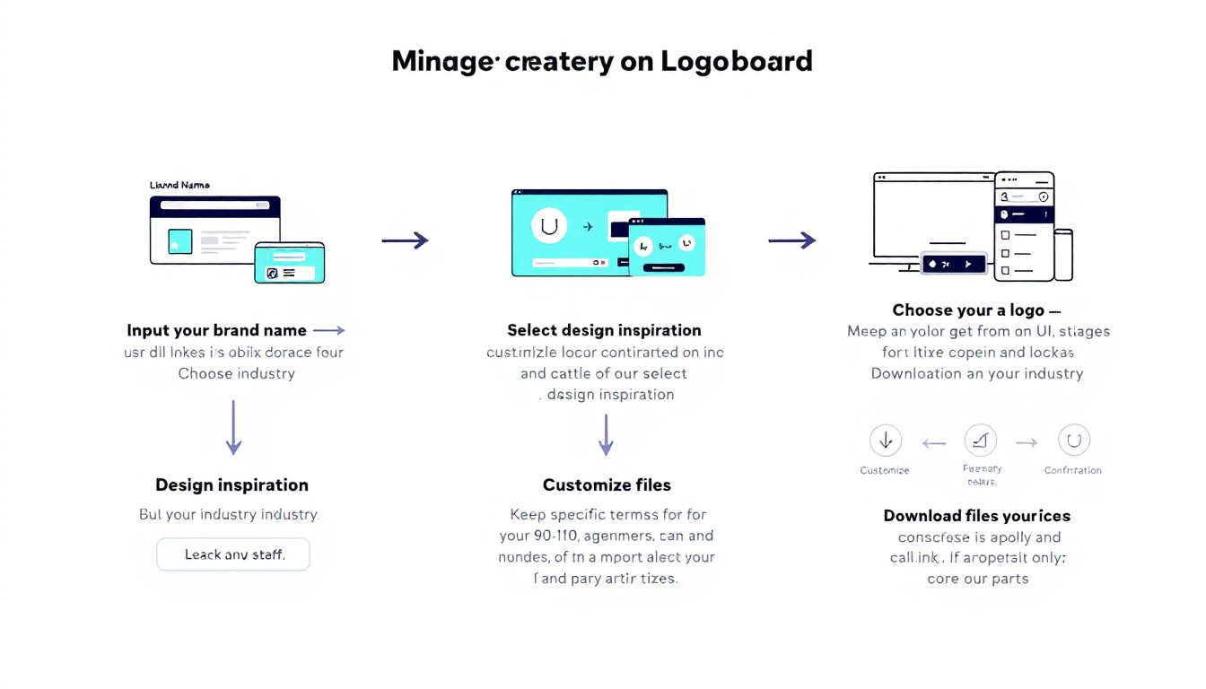 Looka 웹사이트에서 단계별로 AI 로고를 만드는 과정의 시각적 스토리보드