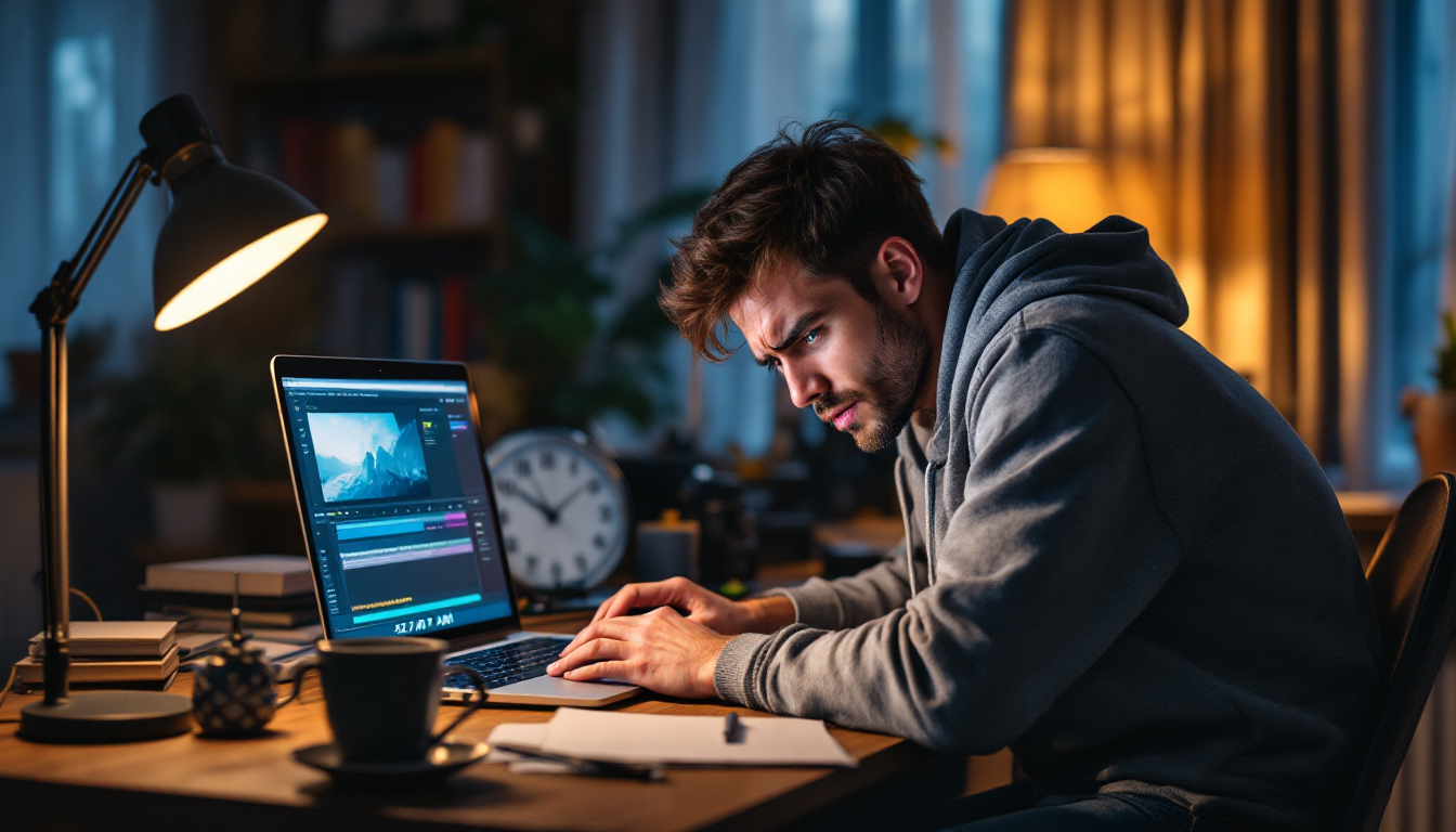 CapCut AI 기능 사용법을 배우기 전 밤새 영상 편집에 지친 크리에이터의 모습