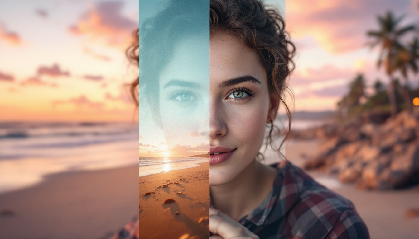 2026년 최신 AI 사진 편집 기술인 AI 배경 생성, 객체 제거, 이미지 확장, 화질 개선 기능을 보여주는 디지털 이미지