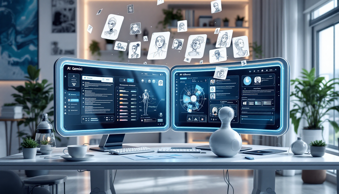 AI 캐릭터 디자인 도구 비교를 위한 제미나이와 미드저니 로고가 있는 미래지향적 작업 공간