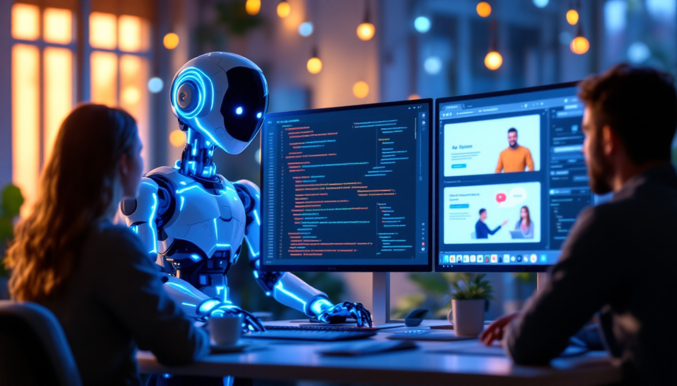 성공적인 스타트업 마케팅 캠페인에서 코딩 튜토리얼과 소셜 미디어 화면에서 사용자들과 소통하는 AI 캐릭터 에이든 모습